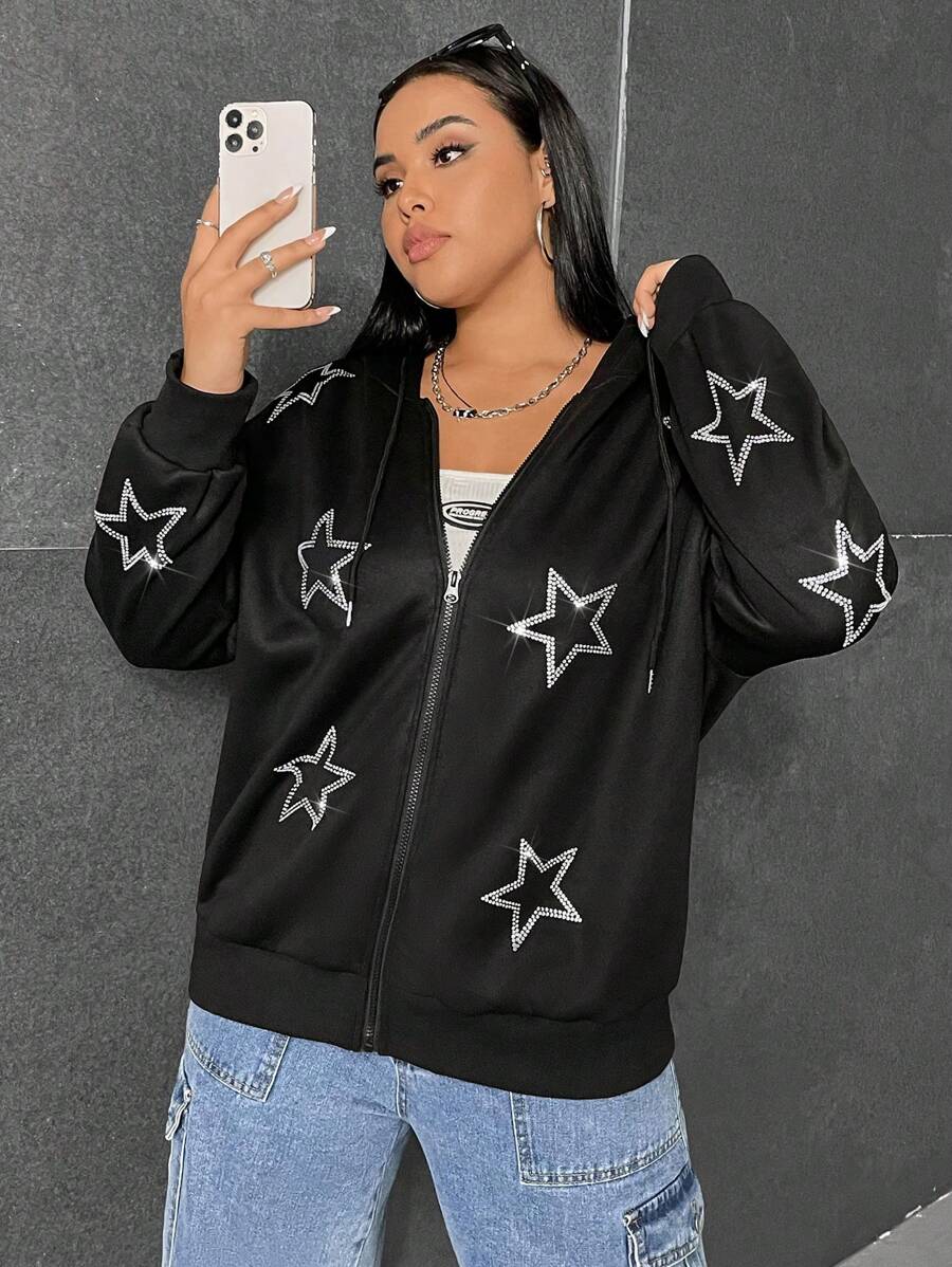 SHEIN EZwear Áo nỉ dáng rộng, họa tiết ngôi sao đính đá, vai rớt, dây rút. - màu đen - Xem 1