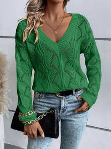 SHEIN LUNE 素色網眼針織落肩袖套頭毛衣 - 綠色 - 查看 3