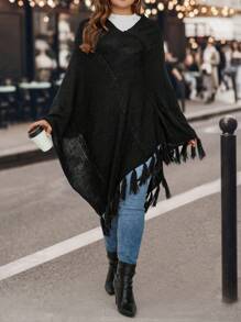 SHEIN LUNE 大碼流蘇邊蝙蝠袖不對稱下擺斗篷毛衣 - 黑色 - 查看 5