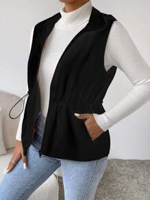 SHEIN Essnce Chaleco con capucha con cremallera y cintura con cordón acolchado, ropa de invierno - Negro - Ver 6