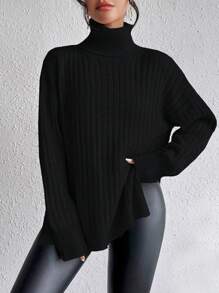 SHEIN Clasi Turtleneck Drop Shoulder Split Hem Knit Pullover Fall Winter Sweater - Black - View 6