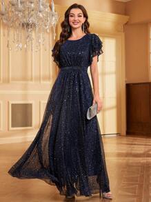 SHEIN Belle Đầm Maxi Dự Tiệc Sang Trọng Viền Lưới Đính Kim Sa Lấp Lánh Cho Trang Phục Dự Tiệc Ngày Lễ Cho Nữ - Màu xanh hải quân - Xem 5