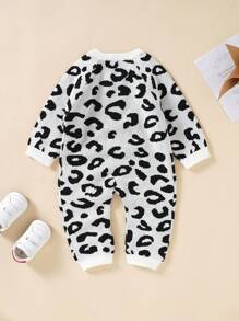 女嬰豹紋圖案插肩袖針織連身褲 - 黑與白 - 查看 2