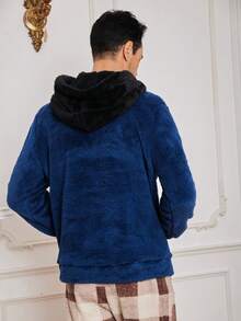 Nam Túi kangaroo Dây rút áo có mũ Flannel Loungewear Top - Màu xanh lam - Xem 2