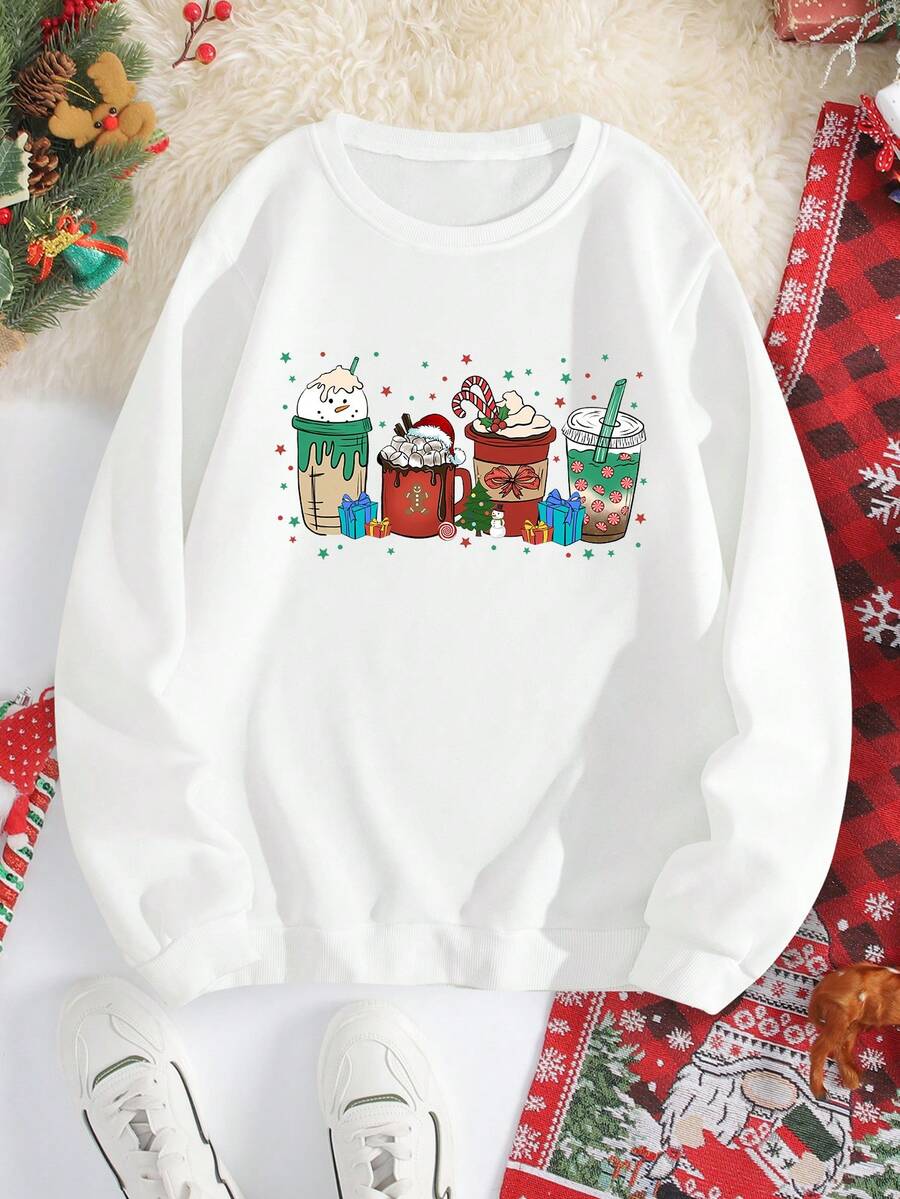 SHEIN EZwear 聖誕圖案加絨內裏運動衫 - 白色 - 查看 1