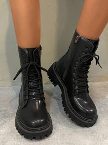 Women's Mid-Calf Black  Boots With Side Zipper, Thick Sole, Increased Height, British Style, Versatile Boots - Black - View 1