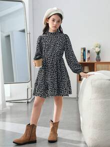 Cô gái Tween In hoa Ditsy Tay áo lồng đèn Xù Hoa Sen Váy Smock - Đen và trắng - Xem 4