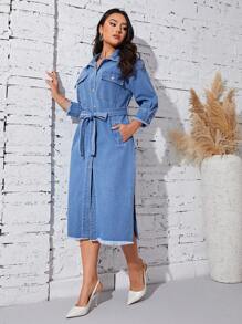 SHEIN Privé Flap Pocket Raw Trim Belted Denim Dress - Light Wash - View 6