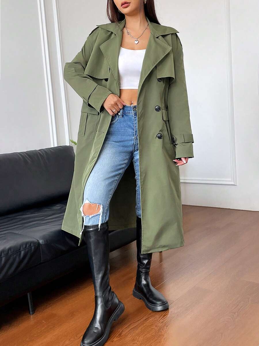 SHEIN Unity Double Breasted Belted Trench Coat - Army Green - View 1
