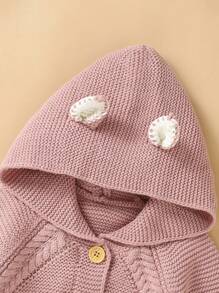 Baby Girl Cable Knit Raglan Sleeve 3D Ear Patched Hooded Button Front Knit Jumpsuit - Pink - View 4