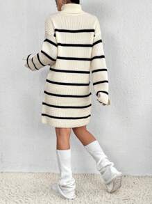 Flirla Striped Pattern Drop Shoulder Sweater Dress
