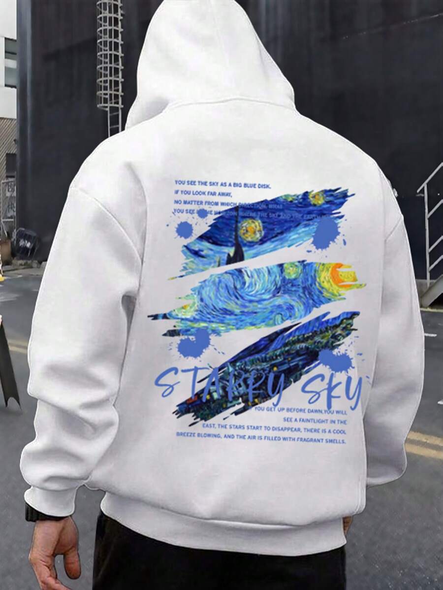 Manfinity Homme Men Slogan & Oil Painting Graphic Kangaroo Pocket Drawstring Hoodie - White - View 1