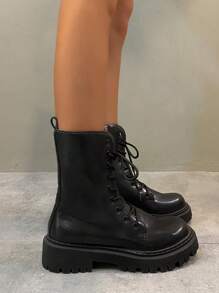 Women's Mid-Calf Black  Boots With Side Zipper, Thick Sole, Increased Height, British Style, Versatile Boots - Black - View 3