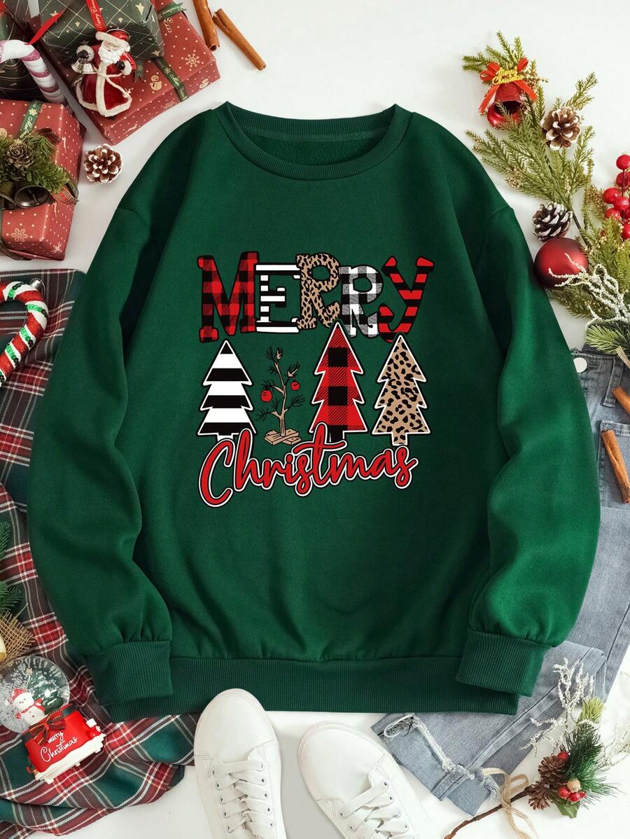 INAWLY Christmas Print Thermal Lined Sweatshirt Pullover Fall Outfit - Dark Green - View 1