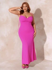 SHEIN SXY 加大號純色扭結肩帶低背部設計人魚裙裝,新年連身裙 - 玫紅色 - 查看 2