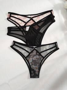 SHEIN 3packs Floral Print Mesh Cut Out Panties Lingerie