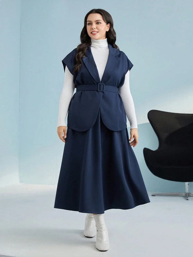 Plus Lapel Neck Belted Coat & Skirt