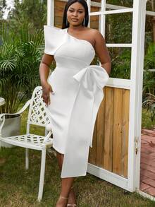 Plus One Shoulder Knot Side Cocktail Dress - White - View 5