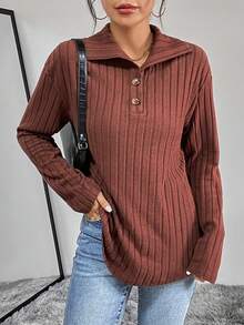 SHEIN Essnce Cổ Polo Thả vai Đồ đan Ribbed Áo thun - màu nâu - Xem 5
