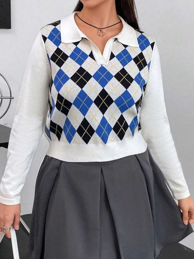 Plus Argyle Pattern Crop Sweater Knit Pullover Fall Winter Sweater