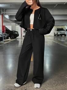 SHEIN EZwear Thư được vá Áo khoác & Eo dây rút Quần - màu đen - Xem 5