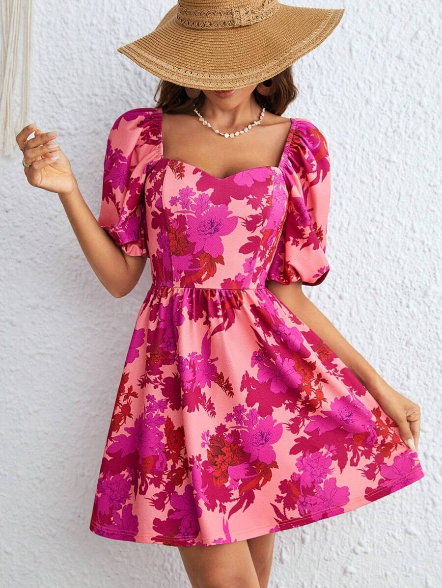 SHEIN VCAY 印花雞心領口泡泡袖洋裝 - 紅色 - 查看 1