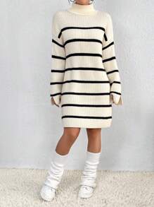 Flirla Striped Pattern Drop Shoulder Sweater Dress