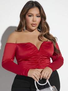 SHEIN X GiudiceGirls Hơn Off Shoulder Viền mặt trước Áo thun - Đỏ - Xem 1