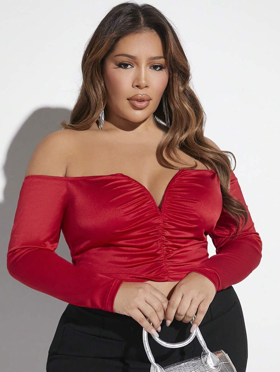 SHEIN X GiudiceGirls Hơn Off Shoulder Viền mặt trước Áo thun - Đỏ - Xem 1