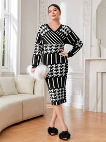 Modelyn Houndstooth Pattern Surplice Neck Sweater Dress Fall Cloth For Women - Black and White - View 6
