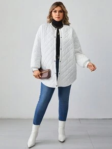 SHEIN LUNE Hơn Thả vai Cổ Đứng Áo khoác Quilted - trắng - Xem 4