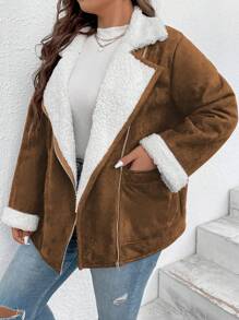 Flirla Plus Lapel Neck Teddy Lined Dual Pocket Faux Suede Coat - Camel - View 5