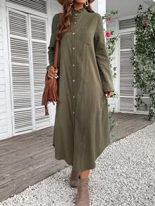 EMERY ROSE 荷葉邊領口前紐扣襯衫洋裝不附腰帶 - 軍綠色 - 查看 4