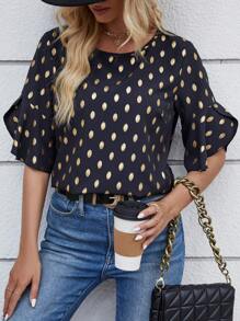 SHEIN LUNE Blusa con estampado de lunares dorados manga tulipán - Azul Marino - Ver 3