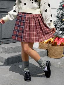 SHEIN EZwear Plus Plaid Print Pleated Skirt - Multicolor - View 3