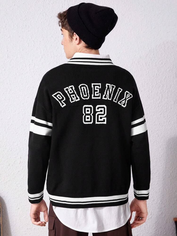 Teenagers' Casual Loose Fit Striped Letter Printed Long Sleeve Sweater