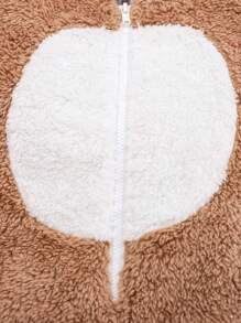 SHEIN Baby Boy Two Tone Cartoon Embroidery 3D Ears Design Hooded Teddy Jumpsuit - Khaki - View 4