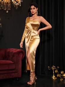 SHEIN Belle One Shoulder Wrap Hem Satin Dress - Champagne - View 4