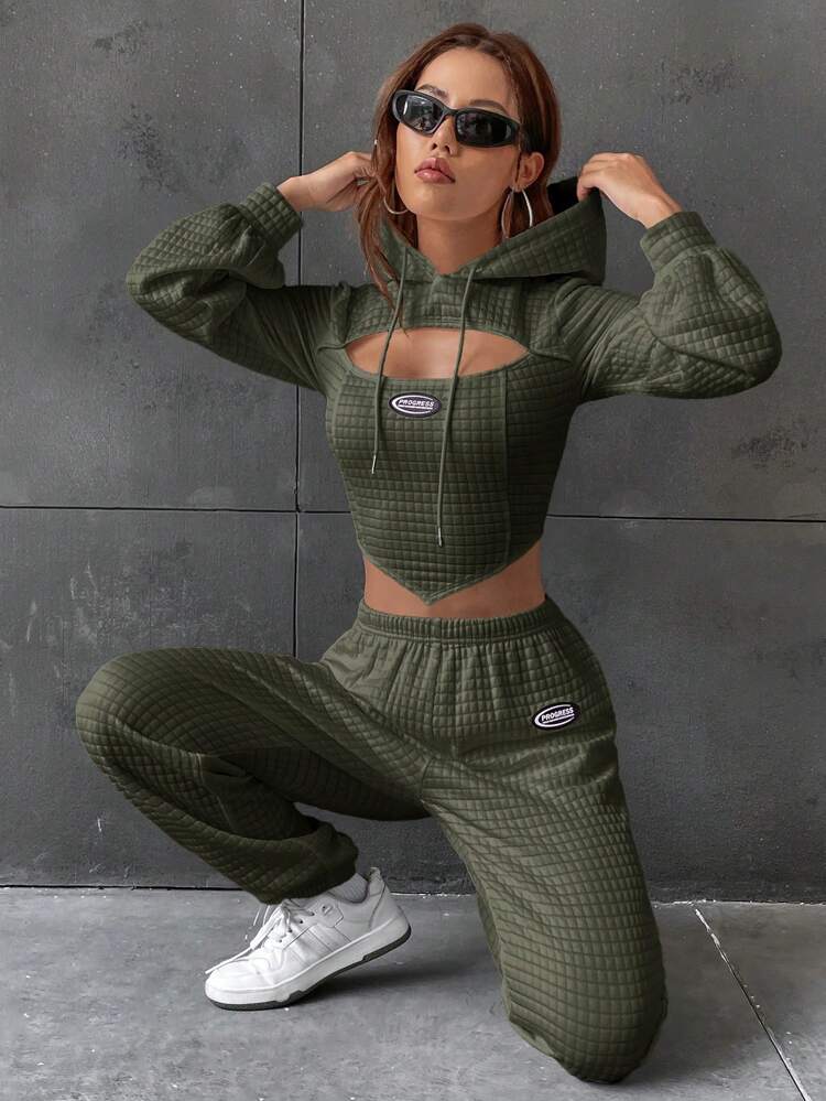 Letter Patched Detail Cut Out Drawstring Hoodie & Sweatpants