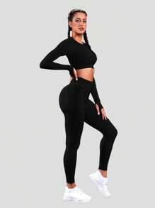 Easithlete 无缝高弹力运动 T 恤和弹力运动 T 恤和紧身裤 健身套装 女士健身套装 女士健身套装 女士紧身裤套装 - 黑色 - 查看 6