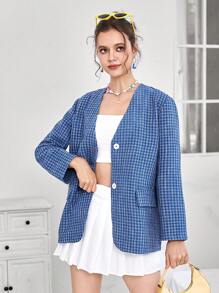 SHEIN EZwear 格紋印花翻蓋細節前紐扣西裝外套 - 藍色 - 查看 5