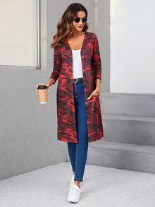 SHEIN LUNE Camo Print Open Front Coat - Red - View 2