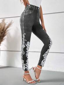 SHEIN LUNE 牛仔效果和印花緊身打底褲 - 黑色 - 查看 3