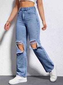 SHEIN EZwear Cao eo Rách Quần legging thẳng - Rửa trung bình - Xem 5