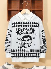 SHEIN Tween Boy Letter & Figure Pattern Drop Shoulder Sweater Without Shirt,In Fall/Winter - Black and White - View 1