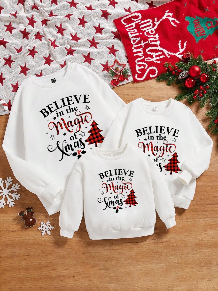 女大童1入組聖誕樹&標語圖案加絨內裏套頭衫 - 白色 - 查看 1