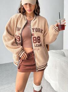 SHEIN EZwear Letter Embroidery Striped Trim Drop Shoulder Teddy Coat - Brown - View 5