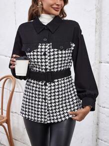SHEIN LUNE 千鳥格印花落肩袖翻蓋細節前紐扣外套 - 黑與白 - 查看 5