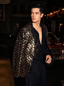 GENTILAND Men 1pc Gold Argyle Sequin Blazer - Multicolor - View 8