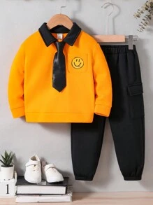 男小童卡通圖案拼接領運動衫帶系帶和運動褲 - 彩色 - 查看 1